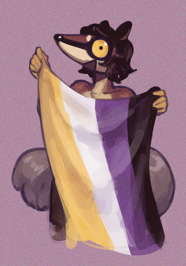 2023 ambiguous_gender anthro dasyuromorph flag hadmyway hadmyway_(fursona) hair happy holding_object lgbt_pride looking_at_viewer mammal marsupial nonbinary_(lore) nonbinary_pride_colors numbat open_mouth pride_colors short_hair simple_background solo yellow_sclera