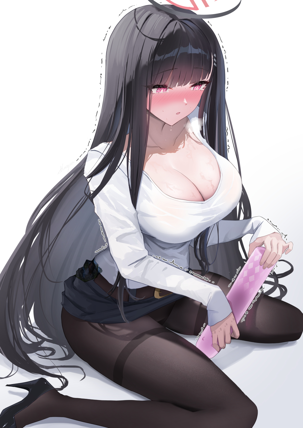 1girl black_hair black_pantyhose blue_archive blush breasts breath cleavage clothes_lift collarbone dildo halo high_heels highres holding holding_sex_toy large_breasts long_hair long_sleeves miniskirt open_mouth pantyhose pink_eyes rio_(blue_archive) sex_toy shirt shougun_(chuckni1) sitting skirt skirt_lift solo sweat thighband_pantyhose trembling very_long_hair wariza white_shirt
