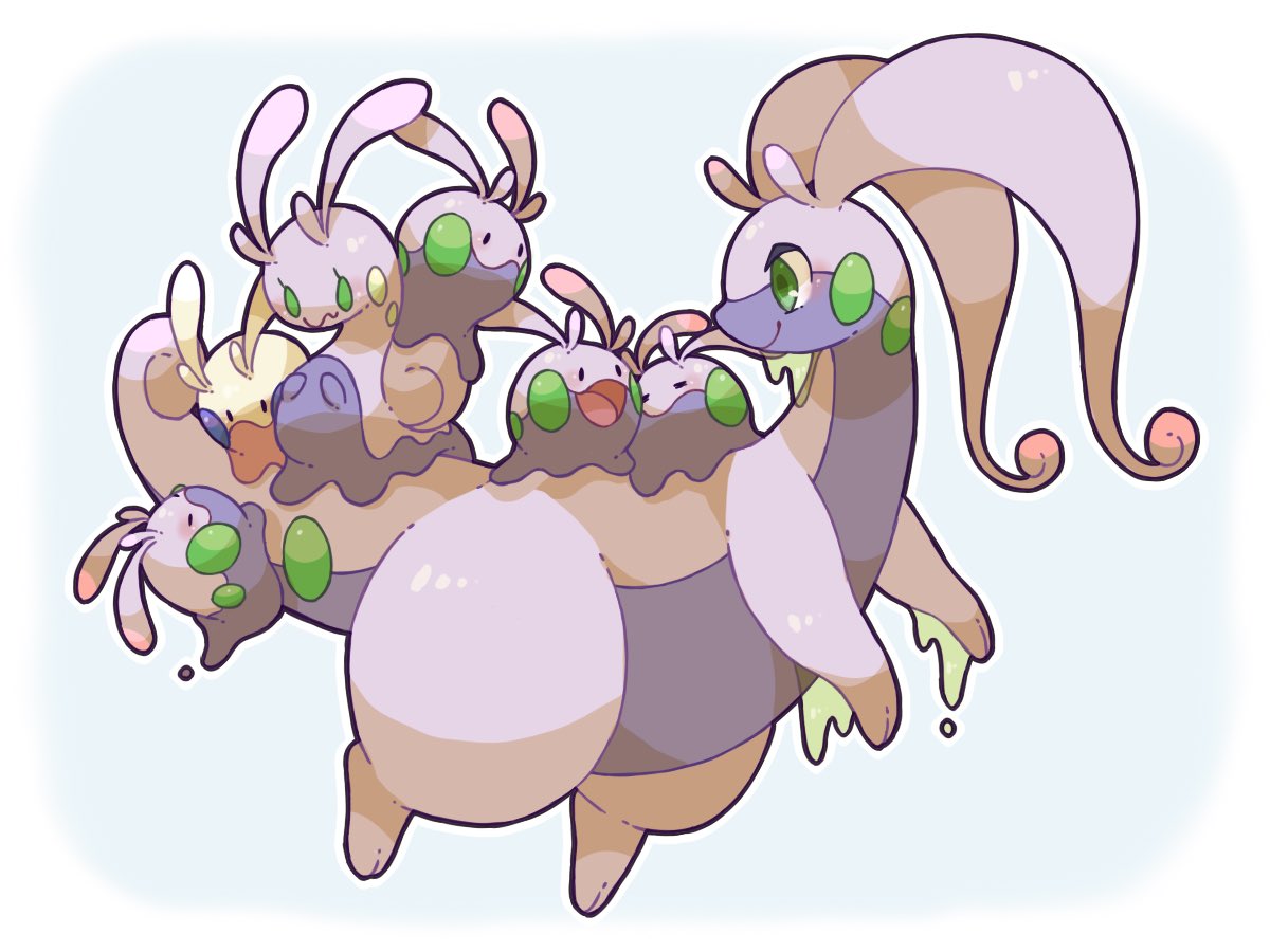 alternate_color animal_focus closed_eyes colored_skin commentary_request evolutionary_line goodra goomy green_eyes no_humans open_mouth pokemon pokemon_(creature) purple_skin shiny_pokemon simple_background sliggoo slime_(substance) slug solid_oval_eyes tail towa_(clonea) white_background