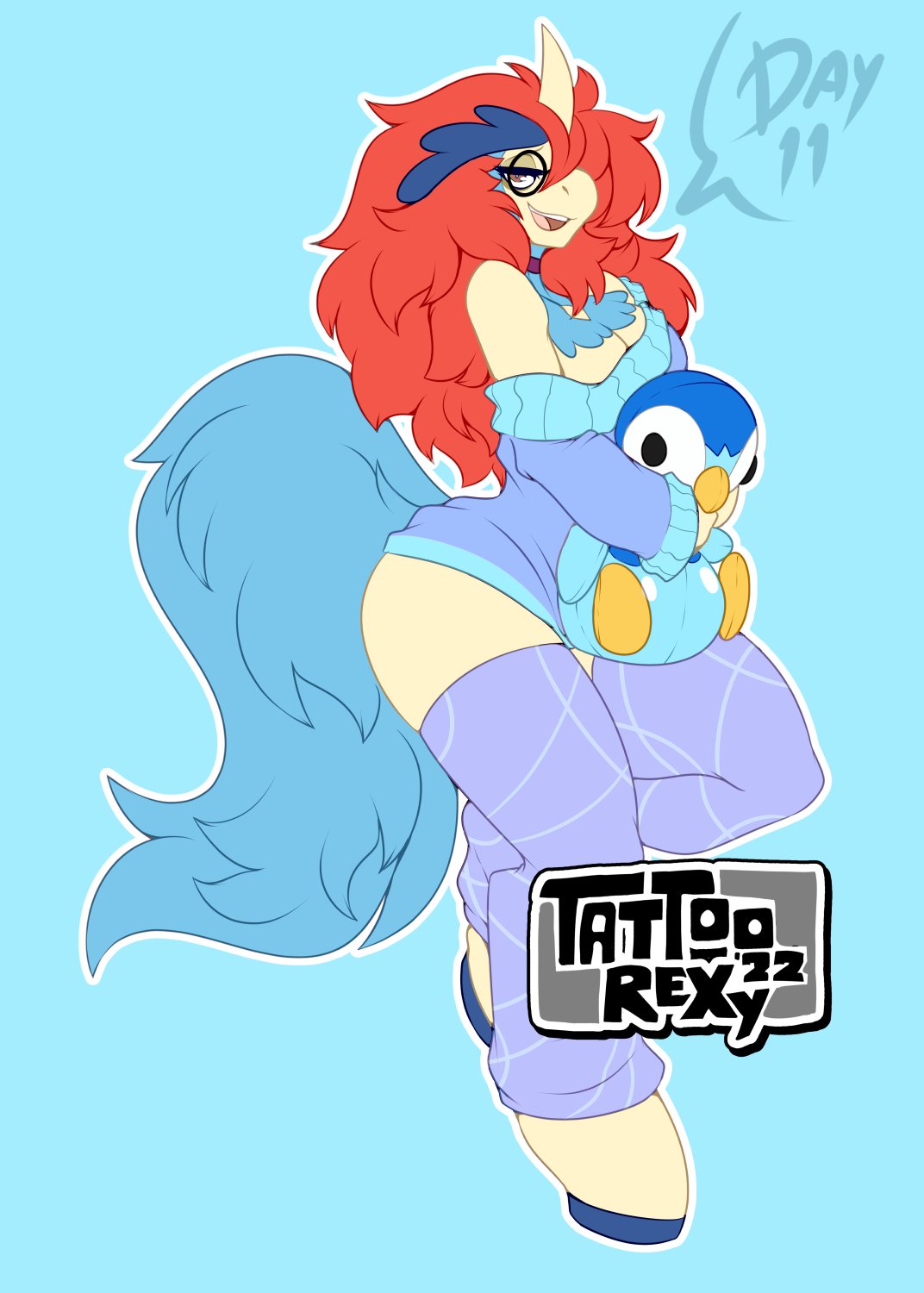 anthro blue_background breasts clothing doll english_text eyewear female generation_4_pokemon generation_5_pokemon glasses hair hi_res horn keldeo keldeo_(ordinary_form) legendary_pokemon legwear nintendo piplup pokemon pokemon_(species) red_hair simple_background solo sweater tail tattoorexy text topwear white_body