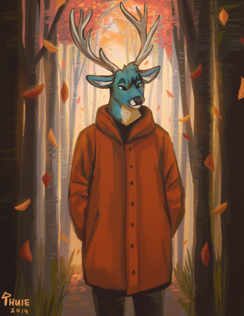 2019 anthro antlers artist_name artofhuie blue_body blue_fur bottomwear clothed clothing deer falling_leaves fur green_eyes hi_res horn jacket male mammal outside pants plant solo standing topwear tree two_color_fur white_body white_fur