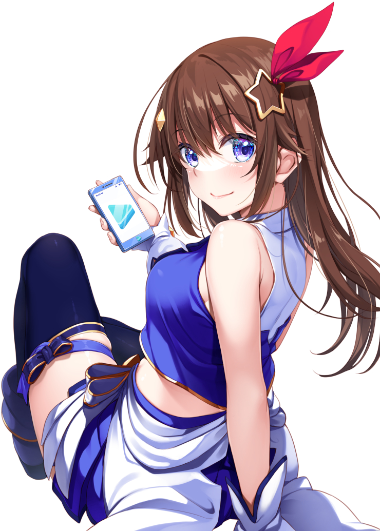 1girl blue_thighhighs blue_vest cellphone cropped_vest dodome-iro_mayonnaise hair_ornament hololive leg_ribbon looking_at_viewer phone ribbon shirt sleeveless sleeveless_shirt solo star_(symbol) star_hair_ornament thigh_ribbon thighhighs thighs tokino_sora tokino_sora_(1st_costume) vest virtual_youtuber