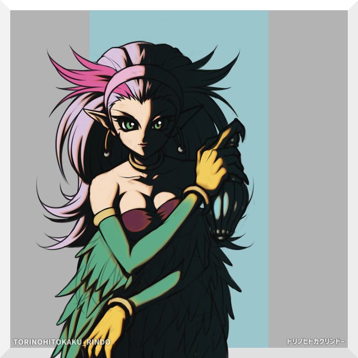 1girl artist_name bare_shoulders breasts cleavage collarbone colored_skin duel_monster feathered_wings feathers gradient_skin green_eyes green_feathers green_skin harpie_perfumer harpy monster_girl multicolored_hair pink_hair purple_hair rindou_akira shadow solo streaked_hair two-tone_hair winged_arms wings yellow_skin yu-gi-oh!