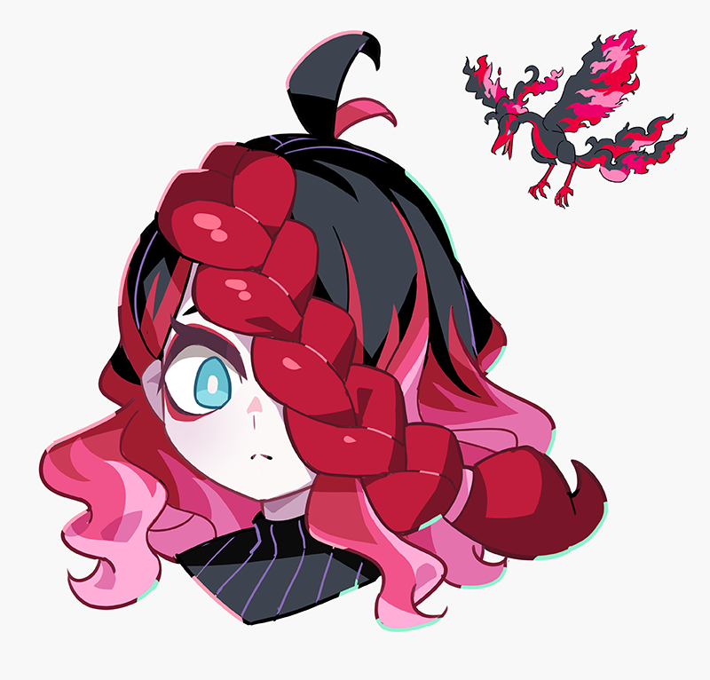 1girl 1other ahoge black_hair blue_eyes braid closed_mouth donuttypd galarian_moltres hair_over_one_eye looking_at_viewer moltres multicolored_hair pale_skin pink_hair pokemon pokemon_(game) pokemon_swsh red_hair white_background