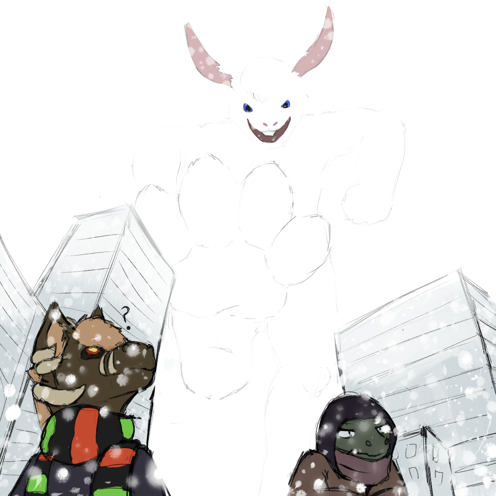 1:1 2013 anthro barefoot barely_visible_creature blue_eyes building clothing conejito dragon feet fur grin group hair horn jacket lagomorph leporid low-angle_view macro male mammal nommz nommz_(character) paws question_mark rabbit raised_foot scarf smile snow snowstorm toes topwear