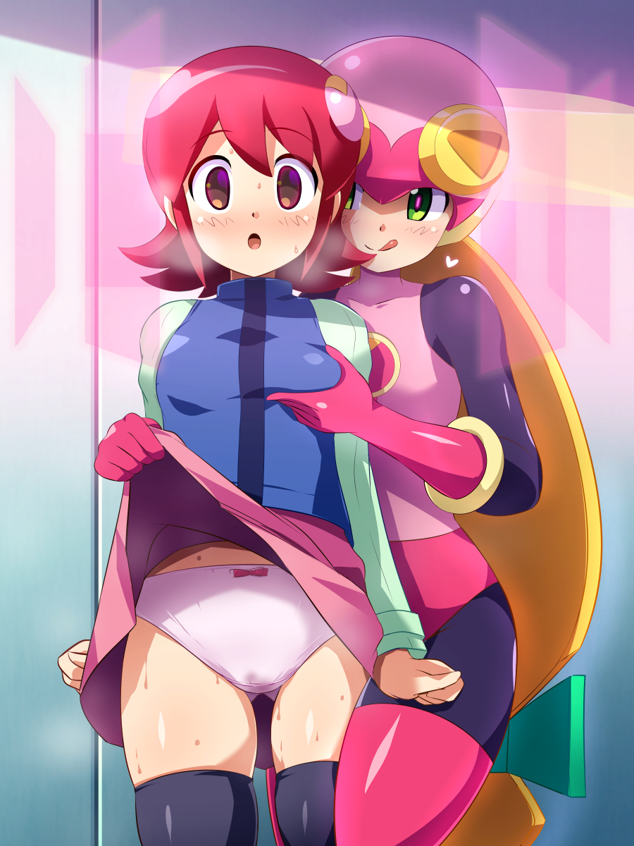 2girls ass_visible_through_thighs black_thighhighs blush clothes_lift grabbing grabbing_another's_breast green_eyes groping heart helmet highres konpeto licking_lips mayl_sakurai_(mega_man) mega_man_(series) mega_man_battle_network multiple_girls panties pink_panties pussy_juice_stain red_hair roll.exe_(mega_man) skirt skirt_lift stained_panties thigh_gap thighhighs tongue tongue_out underwear yuri