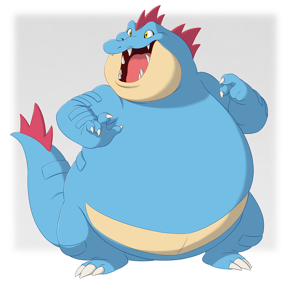 2019 anthro belly big_belly blue_body blue_scales claws fangs feraligatr generation_2_pokemon happy head_turned looking_away male nintendo nude obese obese_anthro obese_male open_mouth overweight overweight_anthro overweight_male pokelai pokemon pokemon_(species) scales scalie smile solo standing teeth toe_claws tongue wide_eyed