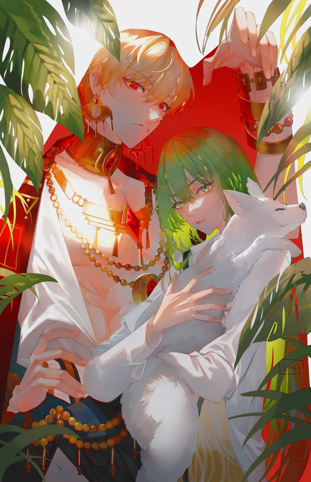 1boy 1other androgynous animal blonde_hair bracelet center_opening earrings enkidu_(fate) fate/grand_order fate/strange_fake fate_(series) gem gilgamesh_(fate) green_eyes green_hair hand_on_own_hip highres holding holding_animal jewelry light_green_hair long_hair looking_at_viewer necklace red_eyes red_gemstone robe shei99 short_hair toga upper_body very_long_hair white_robe wolf