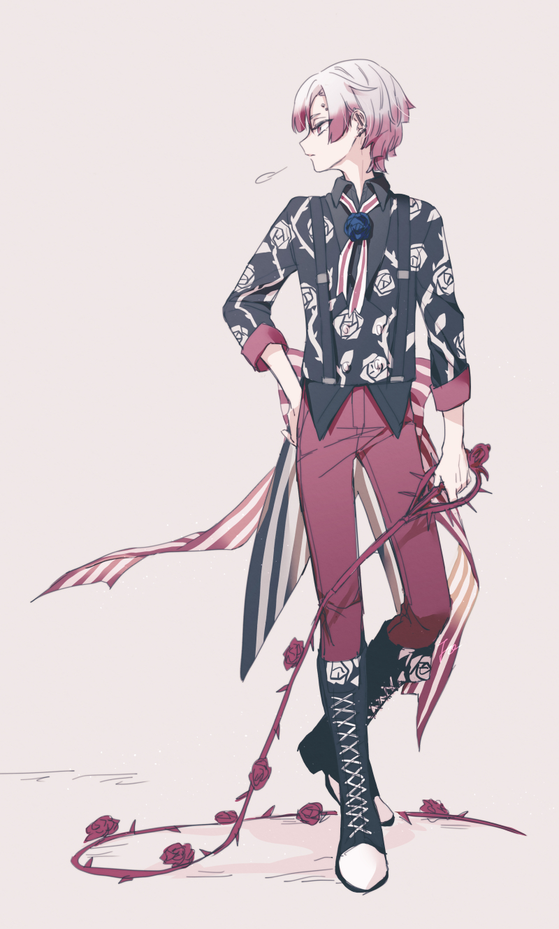 1boy akuma_shitsuji_to_kuroi_neko ammon_lead black_footwear black_shirt blue_flower blue_rose boots farico floral_print_shirt flower full_body highres looking_to_the_side male_focus multicolored_hair pants pink_background pink_eyes pink_hair red_flower red_pants red_rose rose shirt short_hair solo suspenders thorns white_hair