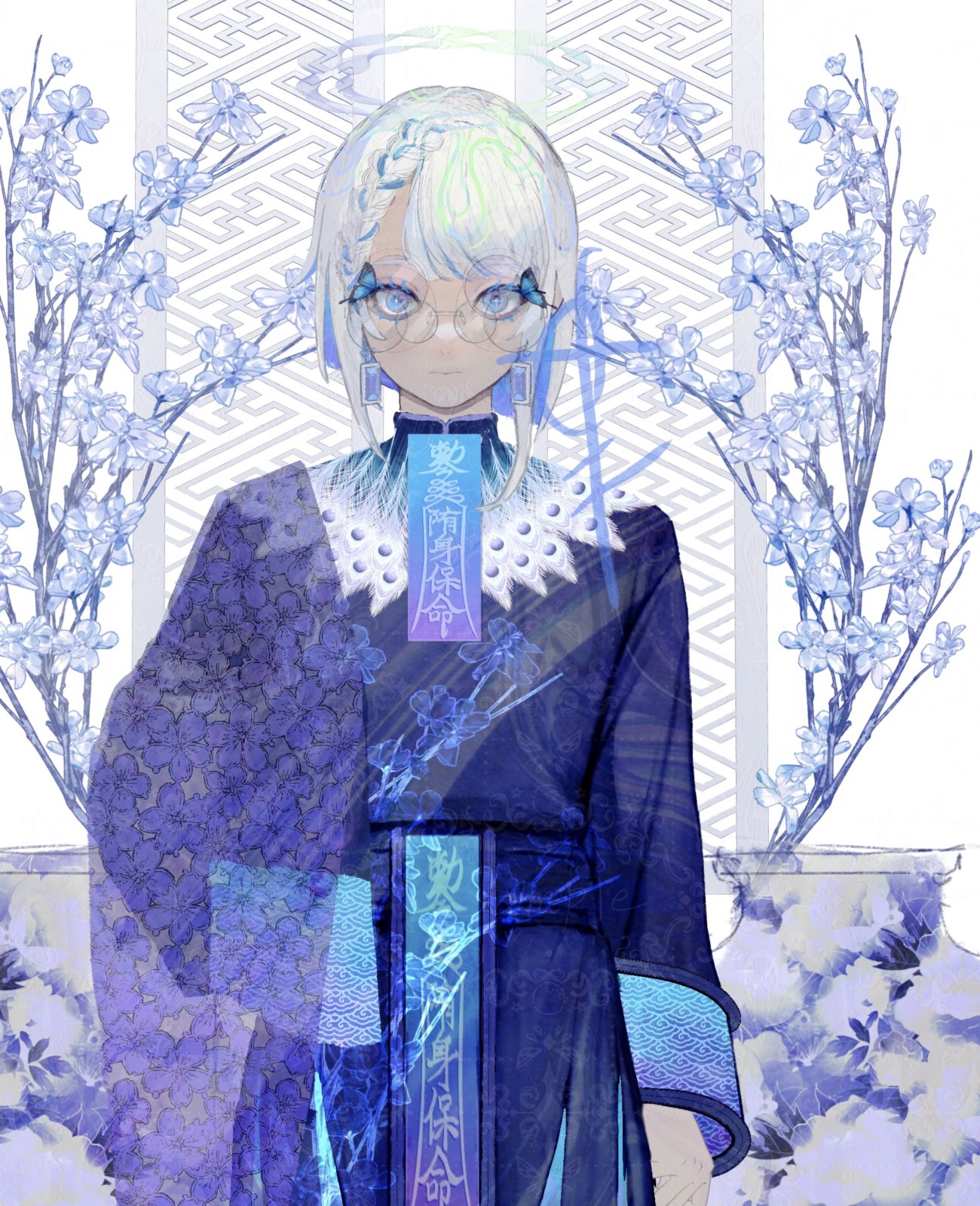 1boy archaic_japanese_text asymmetrical_bangs blue_eyes blue_flower blue_kimono braid branch bug butterfly closed_mouth earrings expressionless eyelashes floral_print floral_print_kimono flower glasses gradient_background hair_between_eyes halo ham_melon_(iloha_24) highres japanese_clothes jewelry kimono long_sleeves looking_at_viewer original patterned_background patterned_clothing plant potted_plant short_hair side_braid signature solo standing traditional_clothes transparent_halo vase white_background white_hair