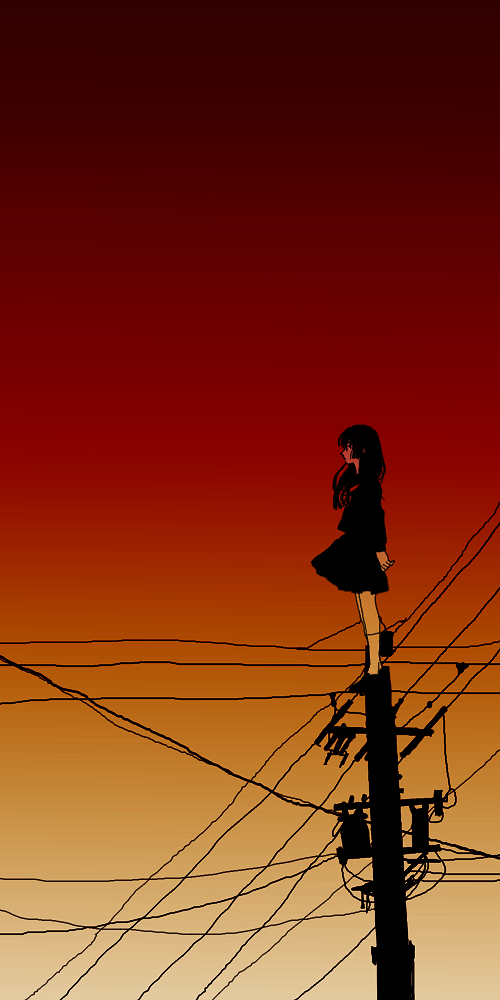 1girl akira_rirurero black_hair black_serafuku commentary_request enma_ai from_side jigoku_shoujo kneehighs long_hair on_top_of_pole power_lines red_eyes red_sky school_uniform serafuku skirt sky socks solo standing_on_object sunset transformer utility_pole