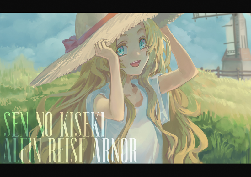 alfin_reise_arnor blonde_hair blue_eyes blue_sky character_name cloud copyright_name eiyuu_densetsu field grass hat holding holding_clothes holding_hat horizon irise_ryouji letterboxed long_hair looking_at_viewer open_mouth sen_no_kiseki shirt sky straw_hat teeth upper_teeth_only white_shirt windmill