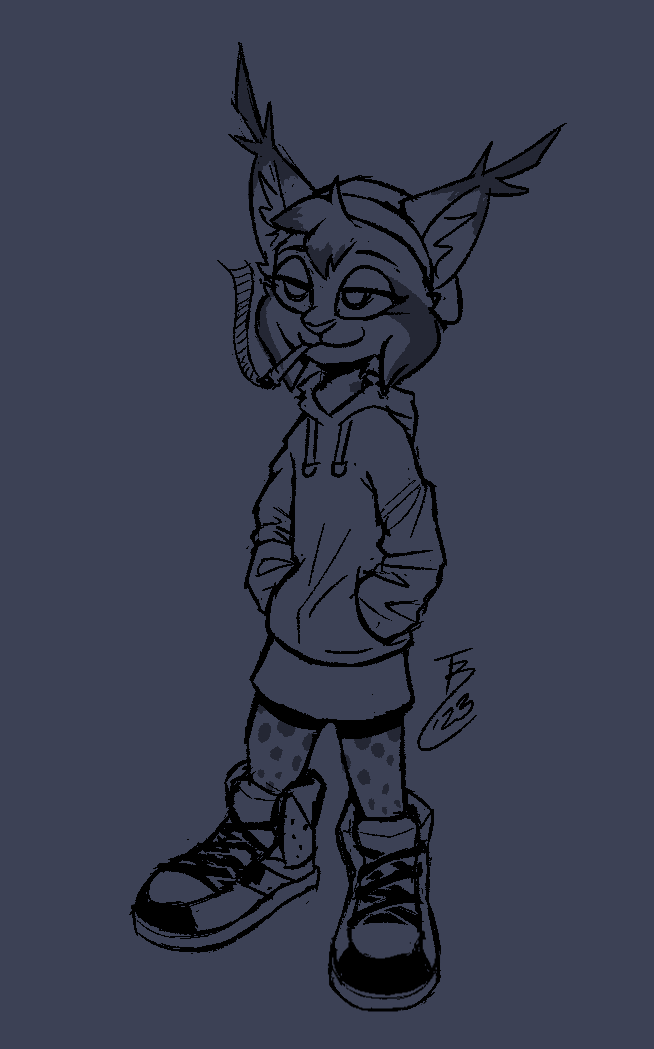 2023 anthro cigarette clothed clothing digital_media_(artwork) ear_tuft felid feline footwear fully_clothed fur hands_in_both_pockets head_tuft hoodie lynx mammal marc_(theblueberrycarrots) shoes signature smile smoking solo standing theblueberrycarrots topwear tuft