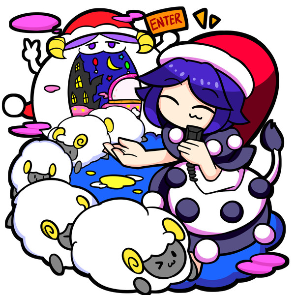 1girl ^3^ blue_hair chibi closed_eyes doremy_sweet dream_world_(touhou) dress encode8564 english_text hat looking_at_viewer microphone polka_dot polka_dot_dress santa_hat sheep tail tapir_tail touhou white_background