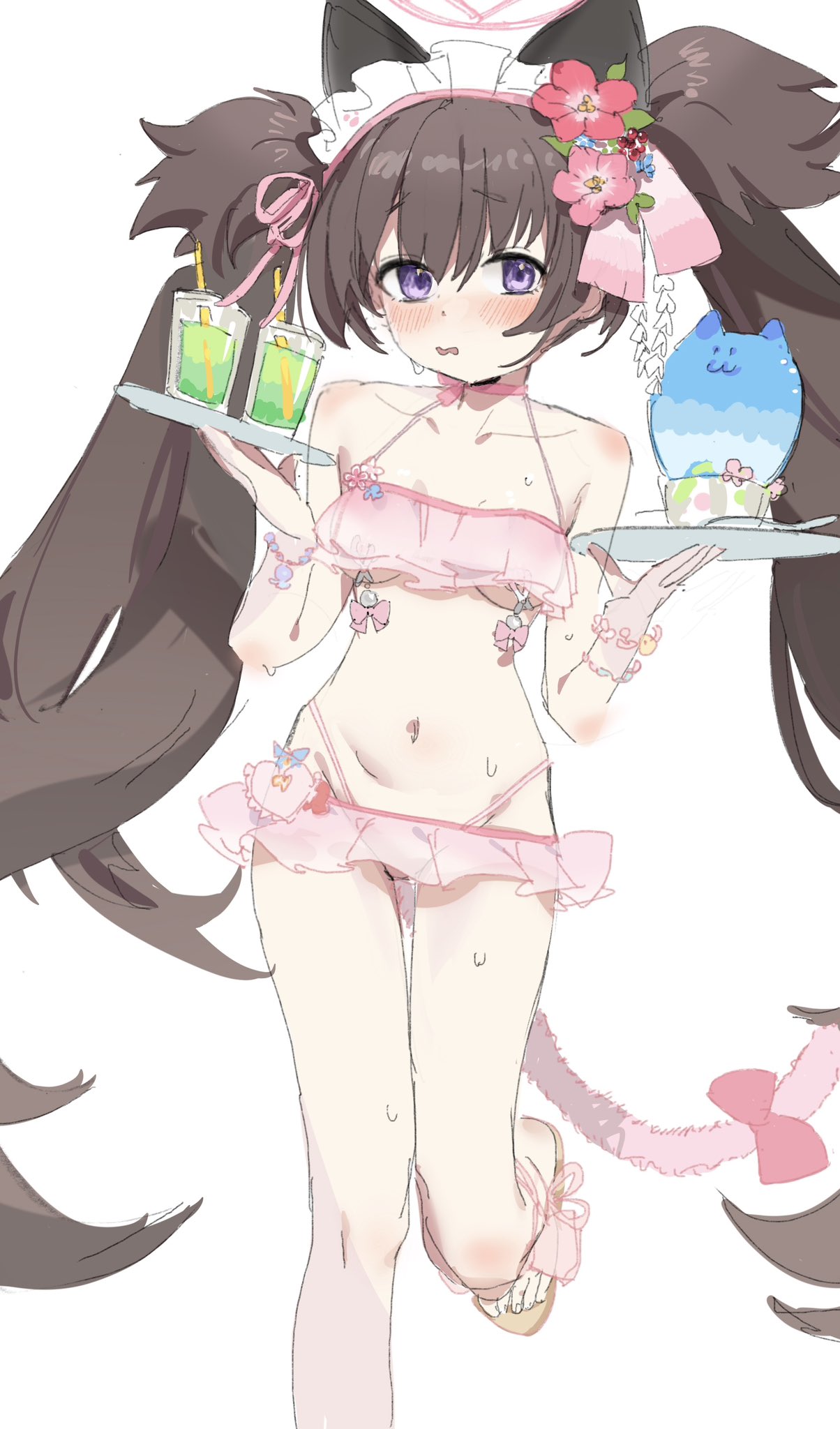 1girl animal_ears bikini blue_archive breasts brown_hair food frilled_bikini frills halo highres long_hair maid_headdress navel nemo_(leafnight) purple_eyes shaved_ice shizuko_(blue_archive) shizuko_(swimsuit)_(blue_archive) simple_background small_breasts swimsuit tropical_drink twintails very_long_hair white_background