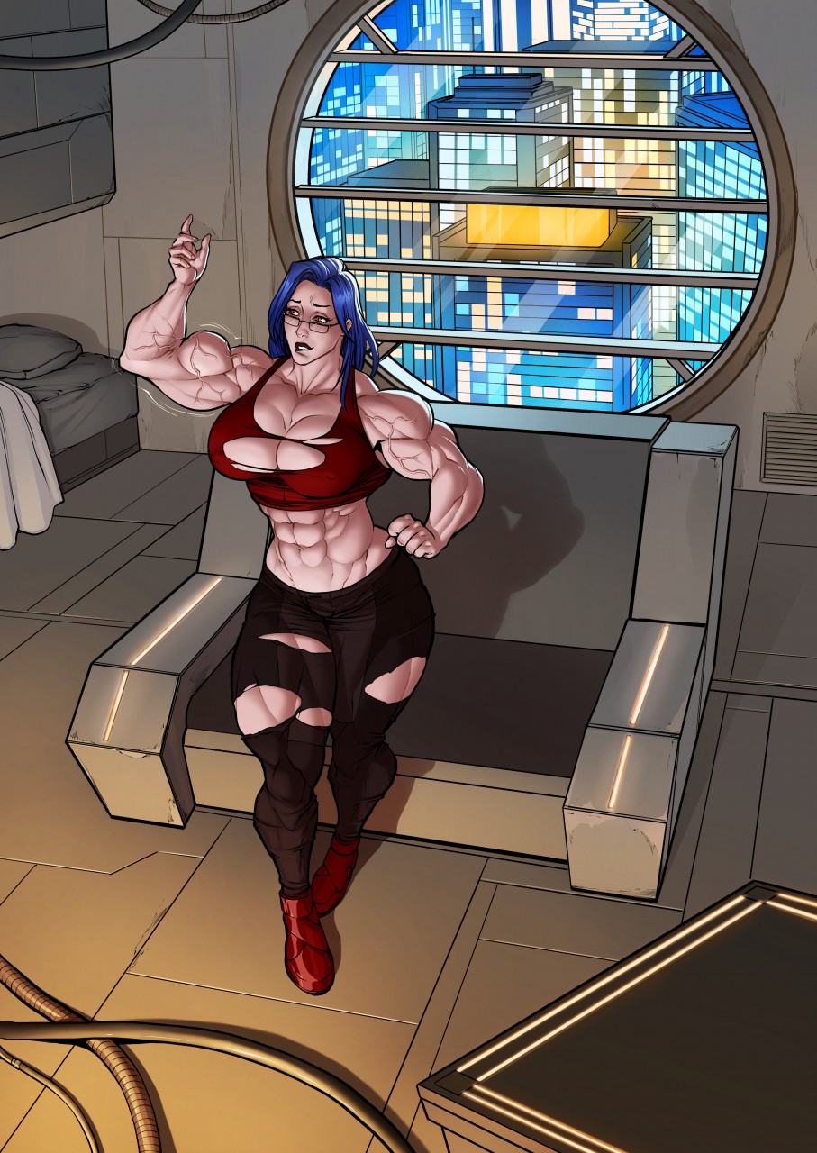 abs biceps big_breasts blue_hair breasts canid canine canis clothed clothing digital_media_(artwork) female growth hair hi_res hopey huge_breasts human humanoid mammal muscle_growth muscular muscular_female r2roh solo wolf