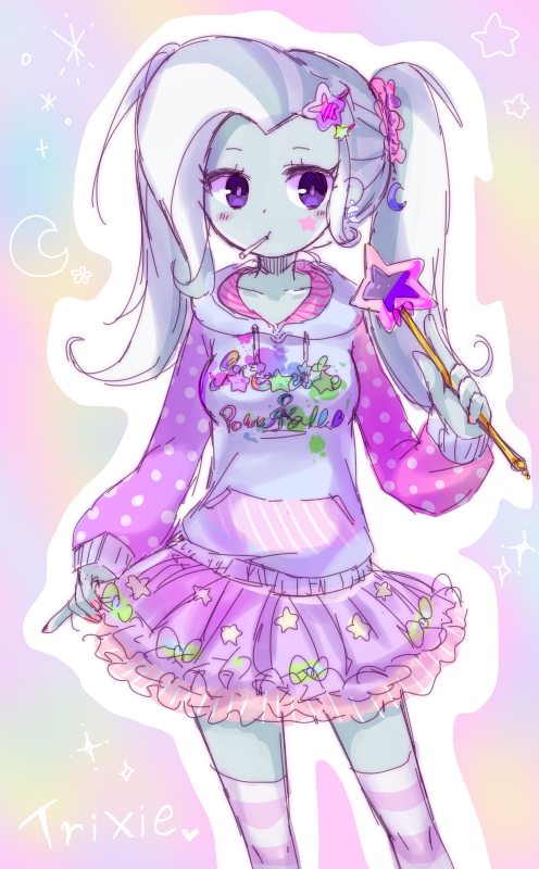 1girl blue_skin candy colored_skin crescent decora facial_mark fashion food frilled_skirt frills hair_ornament hair_scrunchie hair_tie hairpin harajuku_fashion hood hoodie humanization lollipop magical_girl multicolored_background my_little_pony my_little_pony:_equestria_girls my_little_pony:_friendship_is_magic nail_polish pastel_colors pink_nails polka_dot print_shirt purple_eyes scrunchie shirt side_ponytail sketch skirt socks solo sparkle star_(symbol) star_facial_mark star_hair_ornament sticker_on_face striped striped_thighhighs thighhighs torio_(tumasakisamui) trixie_lulamoon tutu wand white_hair