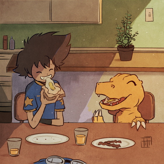 0hpotato 1boy agumon bacon bread breakfast brown_hair chair digimon digimon_(creature) digimon_adventure egg food goggles goggles_removed happy indoors orange_juice plant shadow sitting star_(symbol) table yagami_taichi