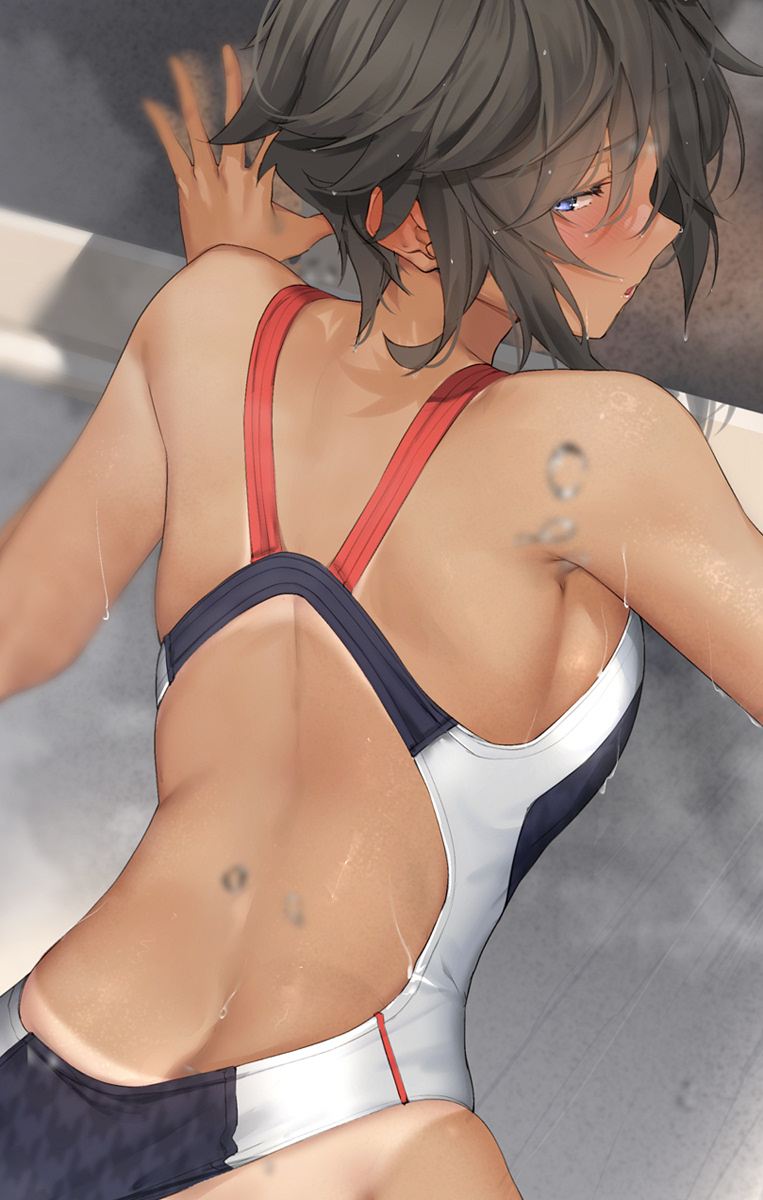 1girl back_cutout bare_arms bare_shoulders black_hair blue_eyes blush clothing_cutout from_behind glance highres one-piece_swimsuit original pallad parted_lips short_hair swimsuit tan tanlines