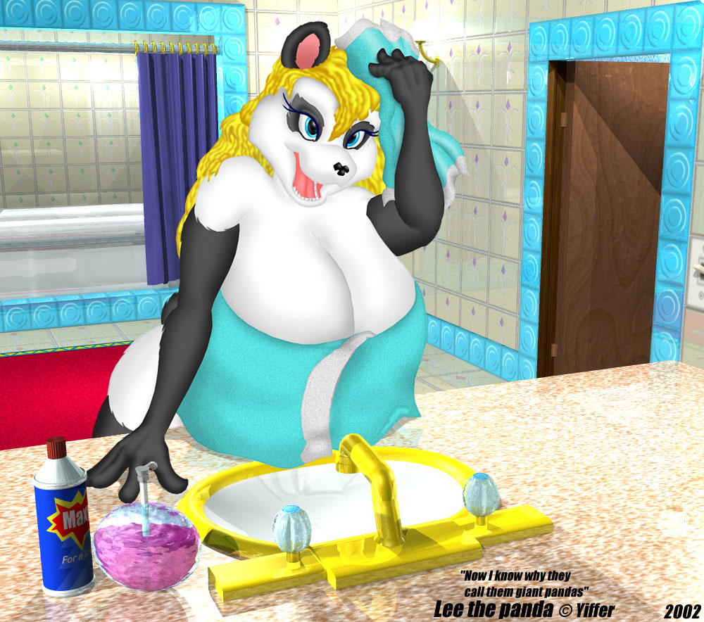 anthro badgerben bathroom bathroom_tiles bathtub bear big_breasts blonde_hair blue_eyes breasts detailed_background drying drying_hair eyelashes female giant_panda hair lee_(badgerben) looking_up mammal mostly_nude open_mouth shower_curtain sink soap solo tap towel