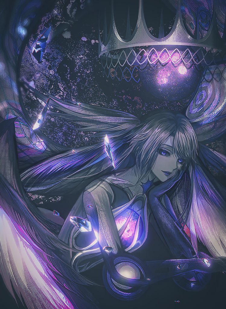 1girl athena_(ff14) black_background colored_sclera colored_skin crown elbow_rest feathered_wings final_fantasy final_fantasy_xiv floating floating_object from_side glowing grey_hair grey_sclera grey_skin hand_on_own_face head_on_hand head_wings hollow_body insect_wings jingjue_de_yumiao looking_at_viewer lying monster_girl moth_wings multiple_wings on_stomach orb purple_eyes purple_lips shards short_hair smile solo swept_bangs unworn_crown upper_body wings