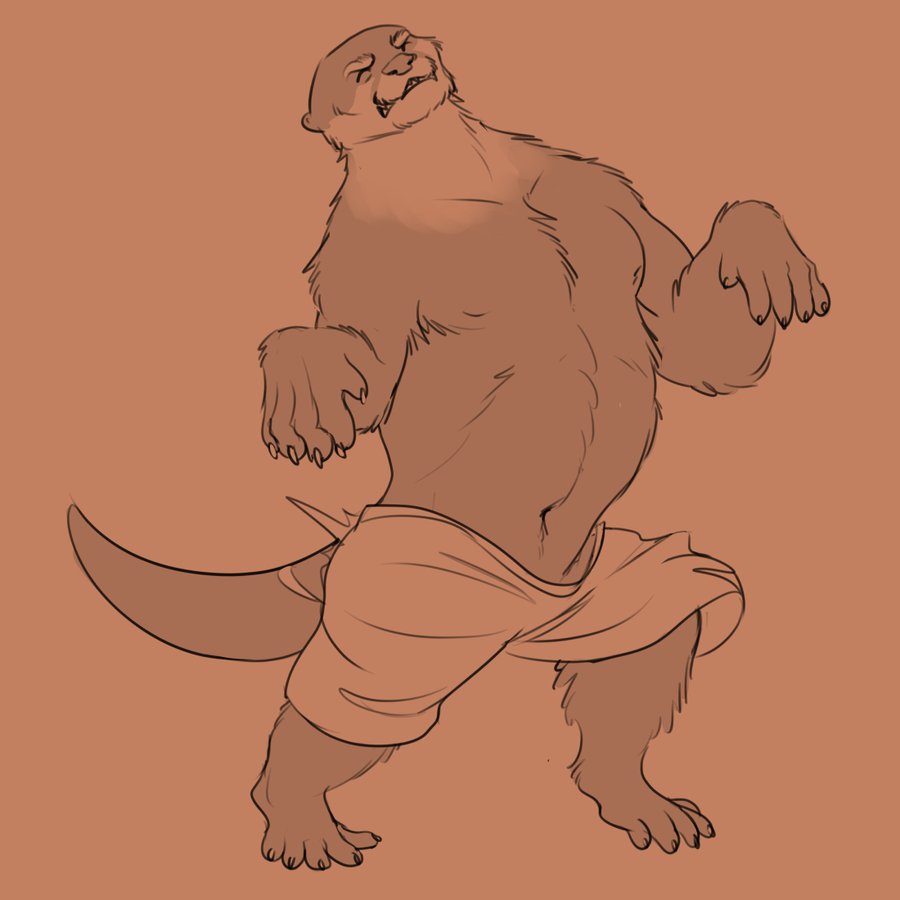 anthro awarebear baggy_clothing bottomwear clothed clothing eyes_closed fur male mammal mid_transformation mustelid navel nipples orange_background paws simple_background solo tail topless torn_clothing transformation were weremustelid wereotter