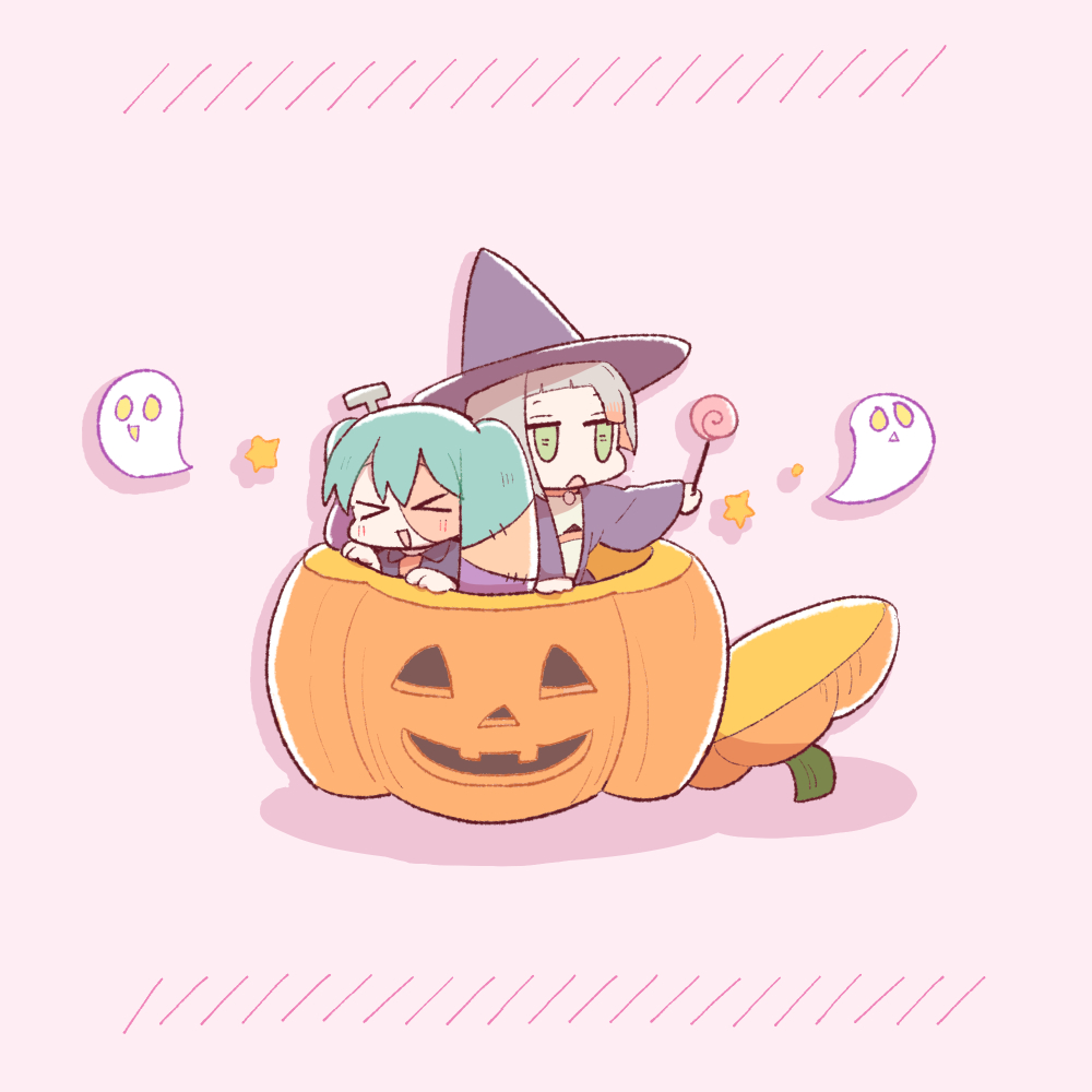 &gt;_&lt; 2girls black_robe black_shirt blunt_bangs blush candy chibi chis-a collared_shirt colored_inner_hair commentary_request drop_shadow food ghost green_eyes grey_hair halloween halloween_costume hat hatsune_miku holding holding_candy holding_food holding_lollipop in_container jack-o'-lantern jitome lollipop long_hair multicolored_hair multiple_girls object_through_head open_clothes open_mouth open_robe orange_hair patchwork_hair patchwork_skin pink_background robe screw_in_head shirt simple_background smile star_(symbol) stitches t705gp vocaloid voisona witch witch_hat