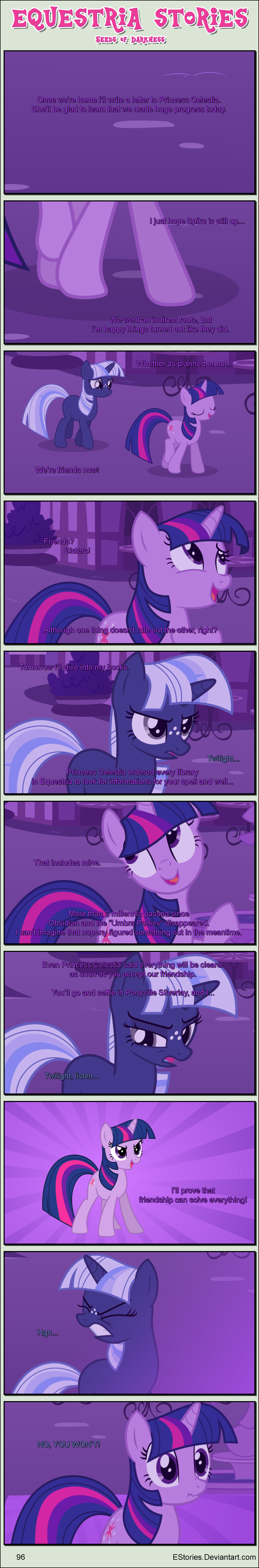 absurd_res bangs black_border border clenched_teeth cutie_mark duo equid equine estories eyes_closed female feral freckles friendship_is_magic frown hasbro hi_res horn long_image mammal my_little_pony night night_time open_mouth outside ponyville silverlay_(estories) tall_image teeth twilight_sparkle_(mlp) unicorn walking white_freckles wide_eyed