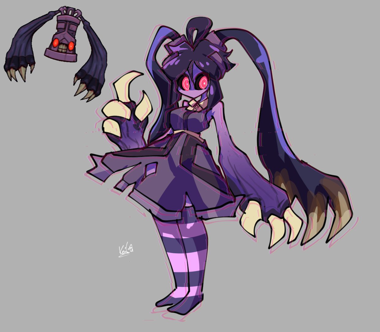 1girl black_eyes blue_hair bronzor claws colored_skin creepypasta dress humanization monster monster_girl no_mouth original pokemon pokemon_(creature) purple_dress purple_skin red_pupils short_twintails sir_koi socks striped striped_socks twintails