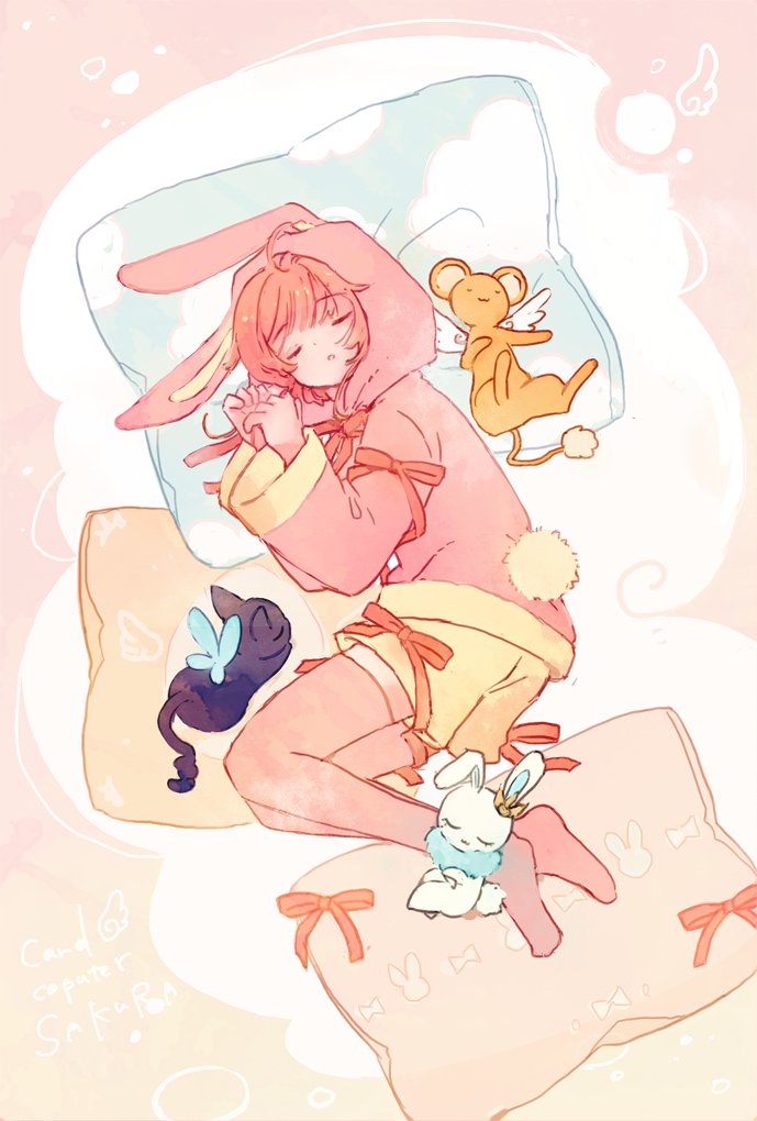 :3 animal_ears animal_print cardcaptor_sakura child closed_eyes colored_skin head_on_pillow kero kinomoto_sakura rabbit_ears rabbit_print rabbit_tail s_y_0 shorts sleeping spinel_sun tail wings yellow_shorts yellow_skin