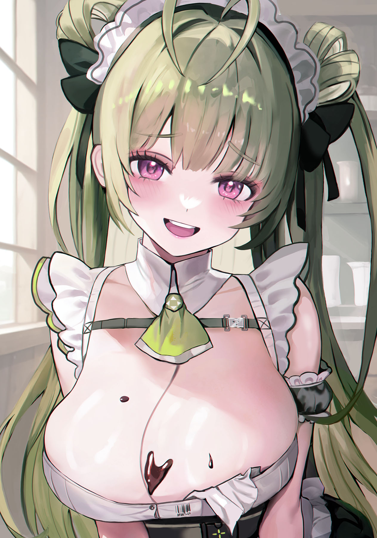 1girl :d alternate_hairstyle antenna_hair apron arm_cuffs ascot breast_strap breasts chest_strap chocolate chocolate_on_body chocolate_on_breasts cleavage collarbone double_bun food_on_body frills goddess_of_victory:_nikke green_ascot green_hair hair_bun hair_ribbon handkerchief heart heart_antenna_hair highres indoors large_breasts light_blush long_hair maid maid_apron maid_headdress purple_eyes ribbon sleeveless smile soda_(nikke) solo teeth twintails upper_body upper_teeth_only vbora777 white_apron