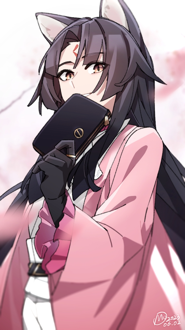 1girl animal_ears arknights black_gloves black_hair covering_mouth dog_ears dog_girl facial_mark forehead_mark gloves highres hime_cut holding holding_wallet jewelry mochusama1 official_alternate_costume ring saga_(arknights) upper_body wallet women's_wallet