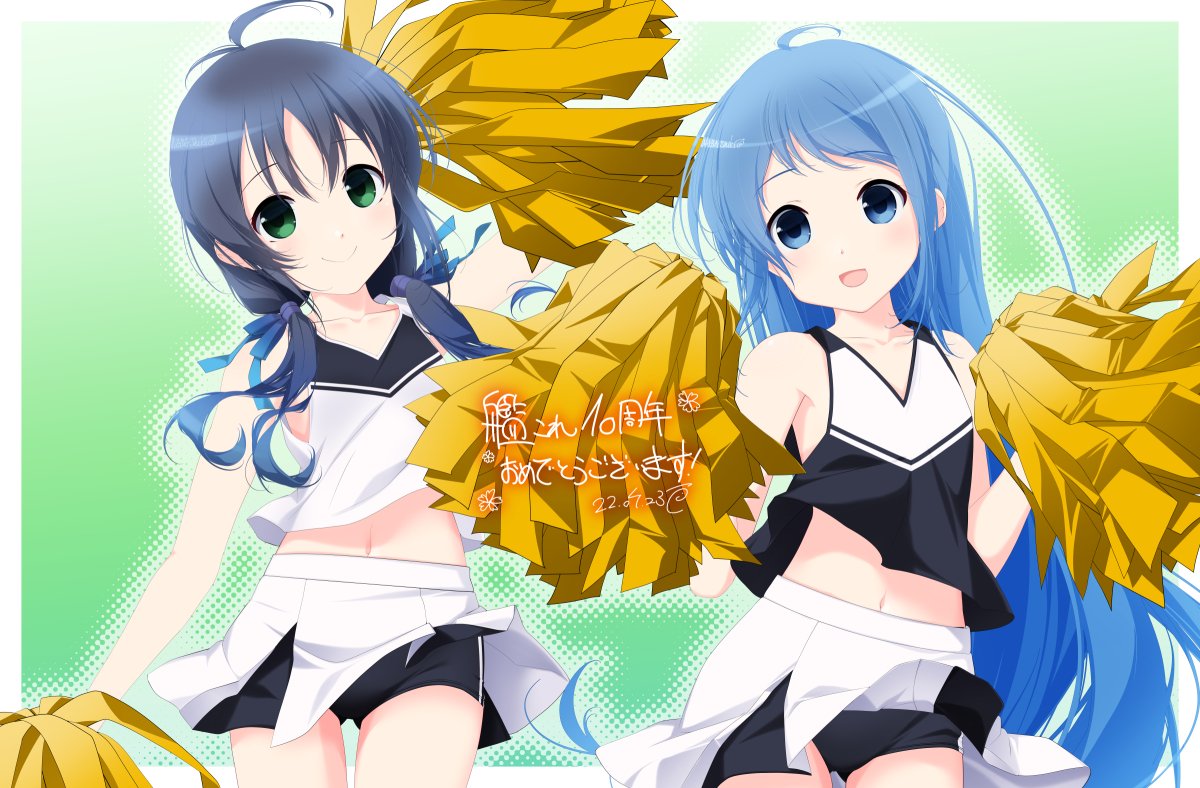 2girls alternate_costume antenna_hair artist_name black_buruma black_hair blue_eyes blue_hair buruma buruma_under_skirt character_name cheerleader commentary_request cowboy_shot crop_top gradient_background gradient_hair green_background green_eyes holding holding_pom_poms inaba_shiki kantai_collection long_hair looking_at_viewer low_twintails midriff multicolored_hair multiple_girls one-hour_drawing_challenge pleated_skirt pom_pom_(cheerleading) ribbon samidare_(kancolle) shirt skirt sleeveless sleeveless_shirt suzukaze_(kancolle) swept_bangs twintails very_long_hair white_skirt