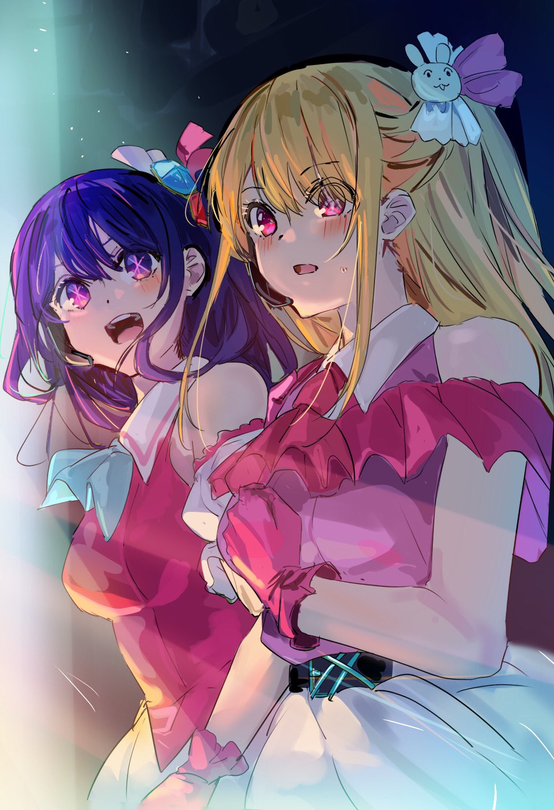 2girls alternate_universe ascot bare_shoulders belt black_belt blonde_hair blue_ascot blush breasts clutching_chest collared_shirt commentary cowboy_shot detached_sleeves earpiece floating_hair frilled_shirt frills funi_mu9 gloves hair_between_eyes hair_ornament hair_ribbon highres hoshino_ai_(oshi_no_ko) hoshino_ruby idol idol_clothes light_particles long_hair looking_at_viewer medium_breasts mismatched_pupils mother_and_daughter multiple_girls one_side_up open_mouth oshi_no_ko pink_ascot pink_eyes pink_gloves pink_ribbon pink_shirt puffy_sleeves purple_eyes purple_hair rabbit_hair_ornament ribbon shirt short_sleeves sidelocks skirt sleeveless sleeveless_shirt smile star-shaped_pupils star_(symbol) sweatdrop symbol-shaped_pupils teeth upper_teeth_only white_skirt