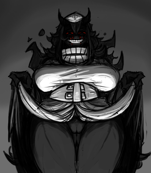 big_breasts black_eyes black_hair black_horn blood blood_from_eye bloody_tears bodily_fluids breasts butt_from_the_front clothed clothing crying_blood demon demon_humanoid dress female flashing genitals grey_background grey_body grey_skin hair horn horned_humanoid humanoid mary_(scared_bum) messy_hair narrowed_eyes no_underwear presenting presenting_pussy pussy raised_clothing raised_dress red_sclera scared_bum simple_background smile solo tears thick_thighs white_clothing white_dress wide_hips