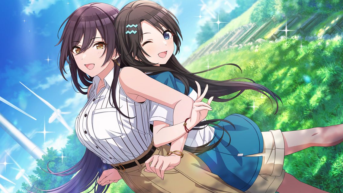 2girls back-to-back bare_arms bare_shoulders belt black_hair blue_eyes blue_sky bracelet breasts buttons cloud collared_shirt day diagonal_bangs earrings grass hair_between_eyes hair_down hair_ornament hairclip idolmaster idolmaster_shiny_colors jewelry large_breasts locked_arms long_hair looking_at_viewer mitsumine_yuika multiple_girls no_eyewear official_alternate_costume official_alternate_hairstyle official_art one_eye_closed open_mouth outdoors pants shirase_sakuya shirt short_sleeves sky sleeveless sleeveless_shirt small_breasts smile sparkle standing sunlight white_shirt windmill yellow_eyes