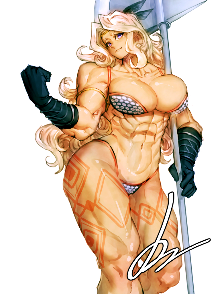 1girl abs amazon_(dragon's_crown) amazon_warrior armlet axe bikini blonde_hair breasts dragon's_crown feather_hair flexing gloves hairband holding holding_weapon huge_weapon large_breasts leg_tattoo long_hair looking_at_viewer minew muscular muscular_female purple_eyes signature solo swimsuit tattoo thick_thighs thighs wavy_hair weapon