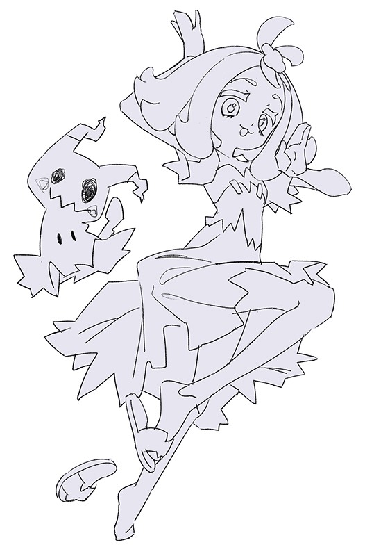 1girl 1other acerola_(pokemon) ahoge arm_above_head arms_up donuttypd dress hair_ornament hands_up looking_at_viewer looking_down medium_hair mimikyu monochrome open_mouth open_smile patchwork_clothes pokemon pokemon_(creature) pokemon_(game) pokemon_sm sandals simple_background smile white_background