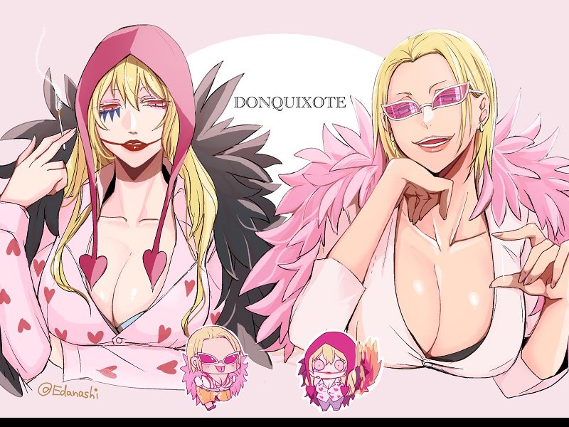 2girls blonde_hair breasts chibi cigarette cleavage coat commentary_request donquixote_doflamingo donquixote_rocinante earrings feather_coat genderswap genderswap_(mtf) hat head_rest heart heart_print huge_breasts jewelry lips lipstick long_hair looking_at_viewer makeup multiple_girls nashieda one_piece open_mouth pink-tinted_eyewear pink_coat red_lips shirt short_hair siblings sisters smile smoke smoking sunglasses tinted_eyewear upper_body white-framed_eyewear white_shirt