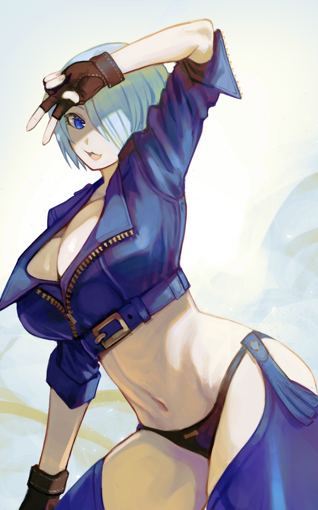 1girl angel_(kof) backless_pants blue_eyes bra breasts chaps cleavage crop_top cropped_jacket fingerless_gloves gloves hair_over_one_eye highres irota jacket leather leather_jacket looking_at_viewer midriff navel panties pants short_hair smile solo strapless strapless_bra the_king_of_fighters the_king_of_fighters_xiv toned underwear white_hair