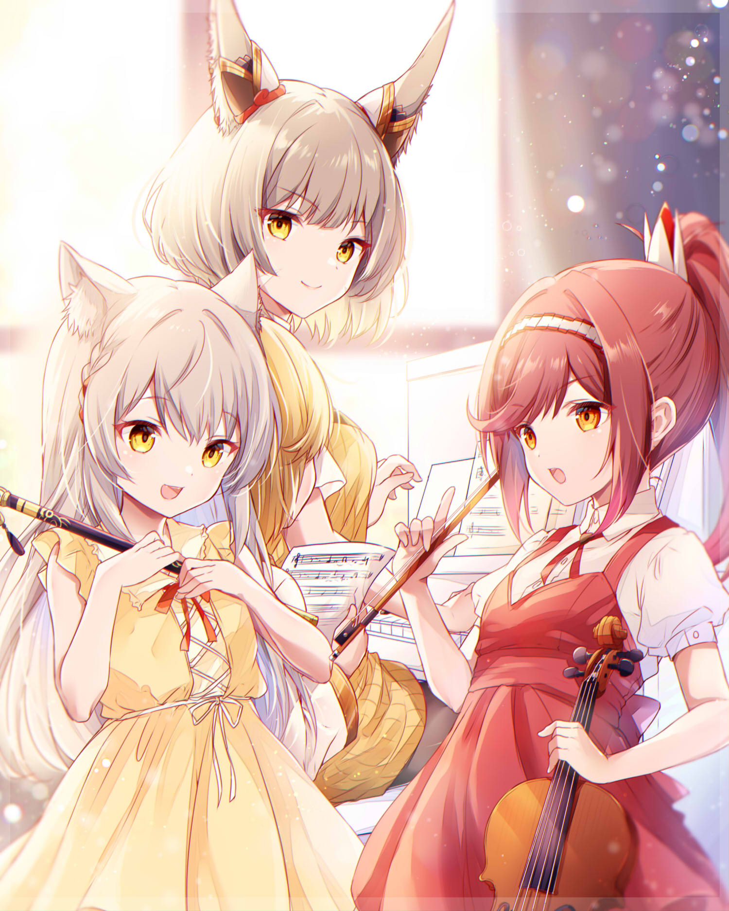 3girls :o aged_down animal_ears cat_ears child closed_mouth commentary_request dress facial_mark flute glimmer_(xenoblade) grey_hair highres holding holding_flute holding_instrument holding_violin indoors instrument long_hair mio_(xenoblade) mother_and_daughter multiple_girls nia_(xenoblade) open_mouth piano pinafore_dress ponytail puffy_short_sleeves puffy_sleeves red_dress red_hair shirt short_hair short_sleeves siblings sisters sleeveless sleeveless_dress smile ui_frara very_long_hair violin white_shirt xenoblade_chronicles_(series) xenoblade_chronicles_3 yellow_dress yellow_eyes