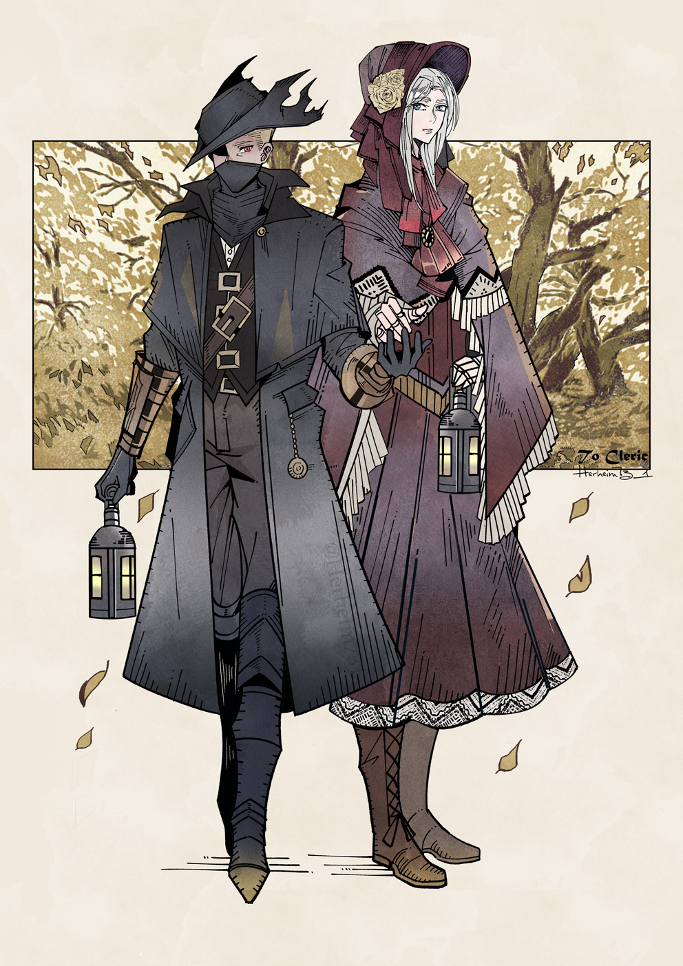 1boy 1girl belt black_capelet black_coat black_gloves blonde_hair bloodborne cape capelet coat denny626 dress falling_leaves forest gauntlets gloves green_eyes hat highres holding holding_lantern hunter_(bloodborne) lantern leaf mask medium_hair mouth_mask nature plain_doll red_cape red_dress red_eyes red_hood short_hair tricorne white_hair yellow_background