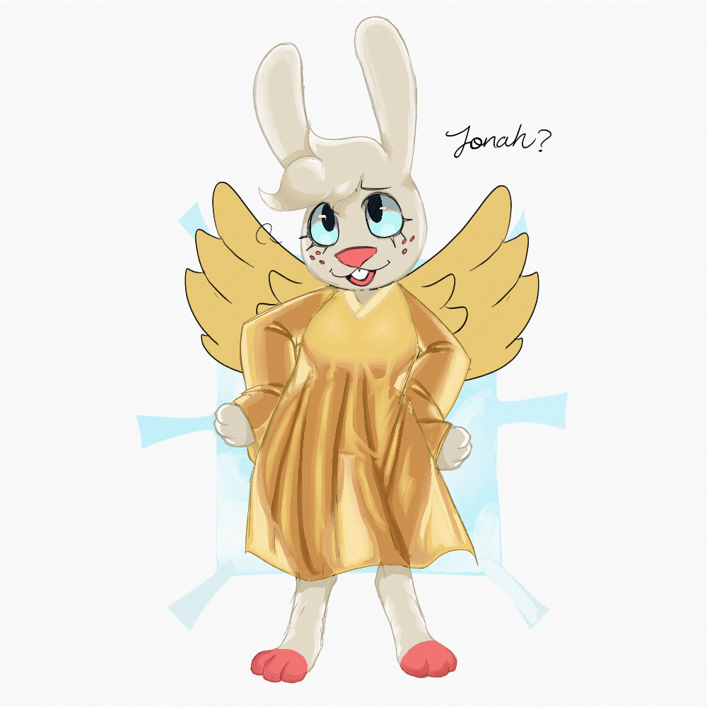angel_gabby anthro blue_sclera clothing dialogue feathered_wings feathers female hands_on_hips hare lagomorph leporid mammal robe simple_background solo sp4gh3tt1 speech_bubble standing translucent translucent_clothing white_body wide_hips wings