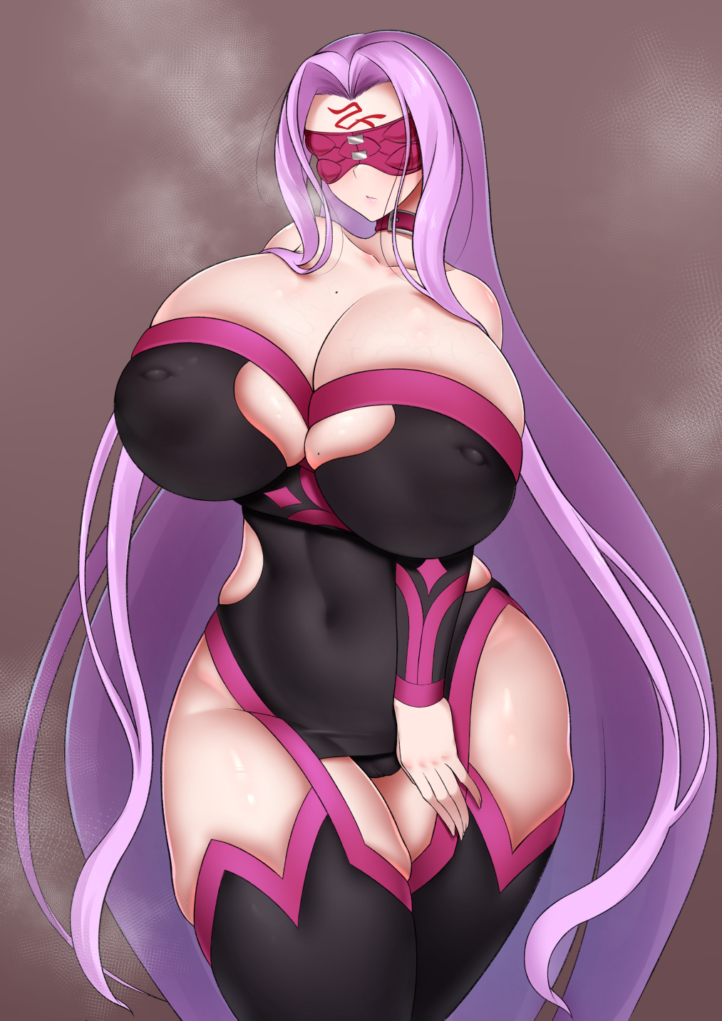 1girl arm_under_breasts bare_shoulders black_dress black_footwear blindfold boots breasts cleavage_cutout clothing_cutout collar collarbone covered_navel covered_nipples dress facial_mark fate/grand_order fate_(series) forehead_mark gorio4288 highres huge_breasts inverted_nipples long_hair medusa_(fate) medusa_(rider)_(fate) medusa_(rider)_(third_ascension)_(fate) mole mole_on_breast pink_blindfold pink_collar purple_hair simple_background solo steaming_body strapless strapless_dress thigh_boots thighhighs two-tone_dress two-tone_footwear two-tone_leotard very_long_hair