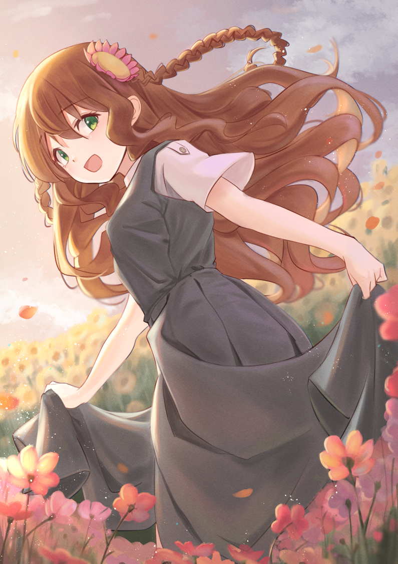 1girl :d alternate_costume black_dress blurry blurry_background blush braid brown_hair casual clothes_lift commentary_request dress dress_lift eyelashes floating_hair flower garden green_eyes hair_between_eyes hair_flower hair_ornament happy kanbe_kotori lifted_by_self light_particles long_dress long_hair looking_at_viewer open_mouth outdoors pink_flower red_flower rewrite shirt short_sleeves sidelighting sidelocks sleeveless sleeveless_dress smile solo sunflower sunset tagame_(tagamecat) twin_braids very_long_hair wavy_hair white_shirt