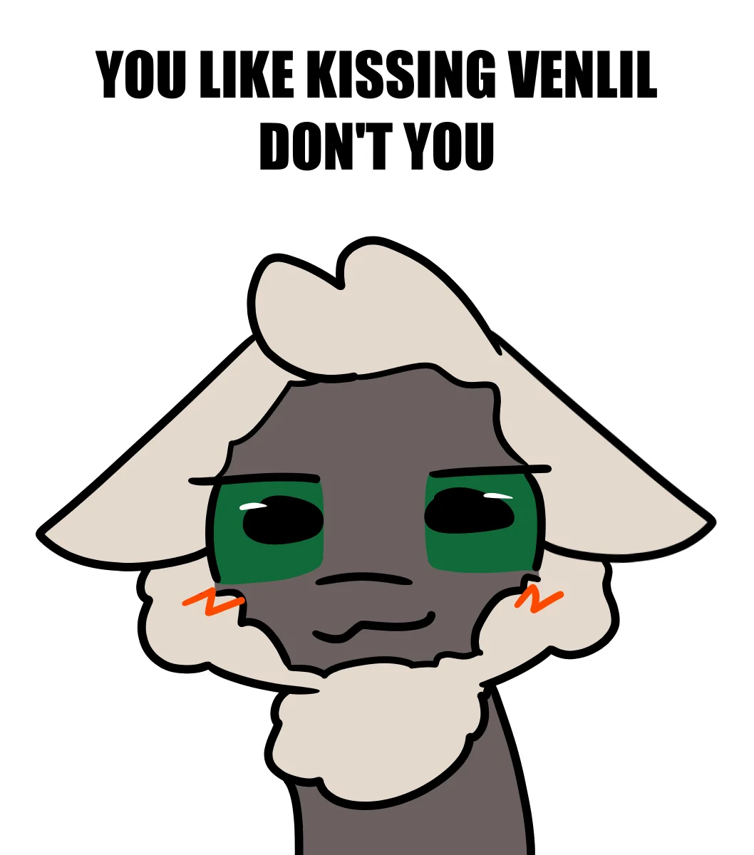 alien ambiguous_gender anthro blush boy_kisser_(meme) dialogue driptacular english_text fur green_eyes grey_body grey_fur hi_res horizontal_pupils looking_at_viewer mammal meme meme_face pivoted_ears pupils simple_background smile smiling_at_viewer solo talking_to_viewer text the_nature_of_predators venlil_(the_nature_of_predators) white_background