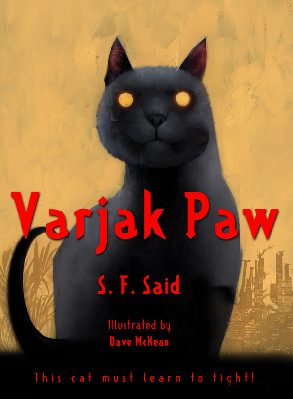 ambiguous_gender artist_name black_nose book_cover cover dave_mckean domestic_cat english_text felid feline felis feral fur grey_body grey_fur looking_at_viewer male_(lore) mammal mesopotamian_blue no_pupils official_art orange_eyes red_text simple_background solo tail text varjak_paw varjak_paw_(character) yellow_background