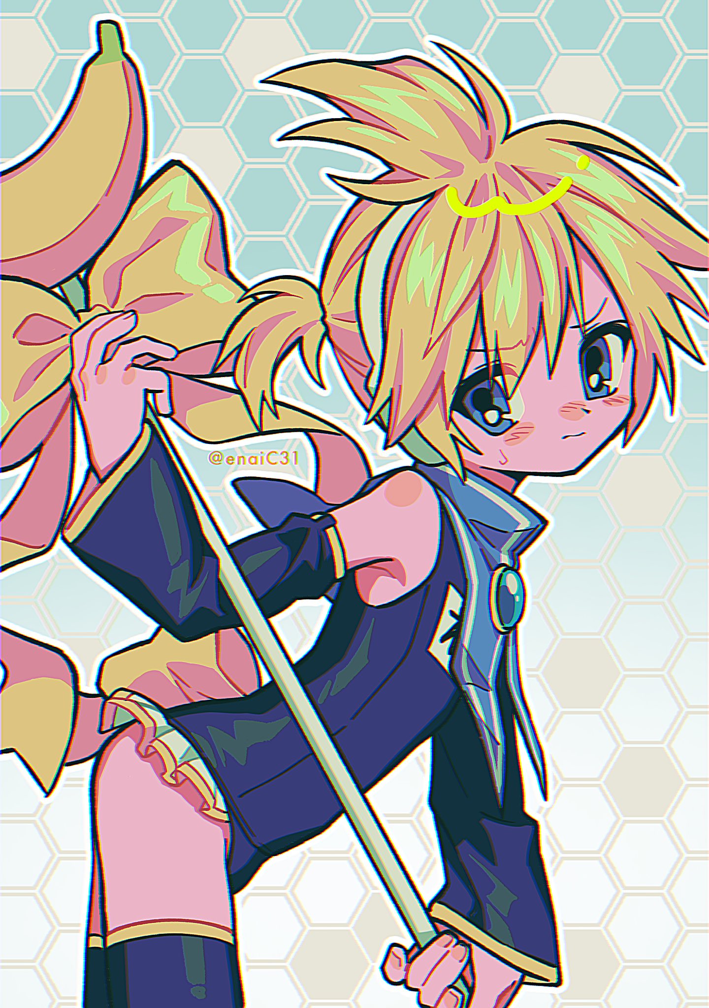 1boy banana blue_eyes blue_one-piece_swimsuit blue_thighhighs blush bow brooch crossdressing detached_sleeves embarrassed food fruit headphones highres holding holding_staff jewelry kagamine_len kagamine_len_no_bousou_(vocaloid) leaning_forward looking_at_viewer male_focus menma_(enaic31) one-piece_swimsuit school_swimsuit short_hair short_ponytail staff sweatdrop swimsuit thighhighs vocaloid yellow_bow