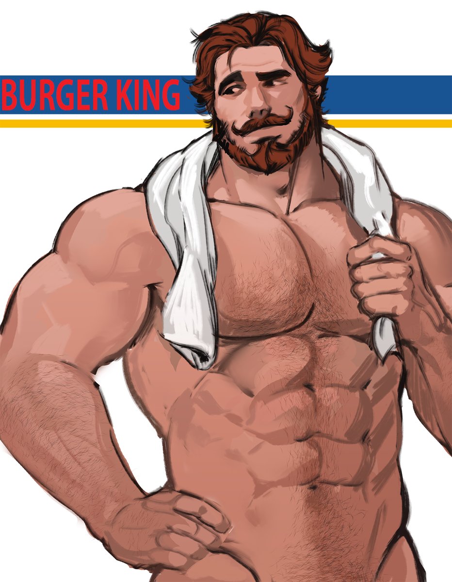 1boy abs arm_hair bara beard brown_hair burger_king chest_hair completely_nude dopey_(dopq) facial_hair hairy highres large_pectorals looking_to_the_side male_focus mature_male muscular muscular_male mustache navel navel_hair nipples nude out-of-frame_censoring pectorals seductive_smile short_hair simple_background smile solo stomach strongman_waist the_king_(burger_king) thick_eyebrows towel towel_around_neck