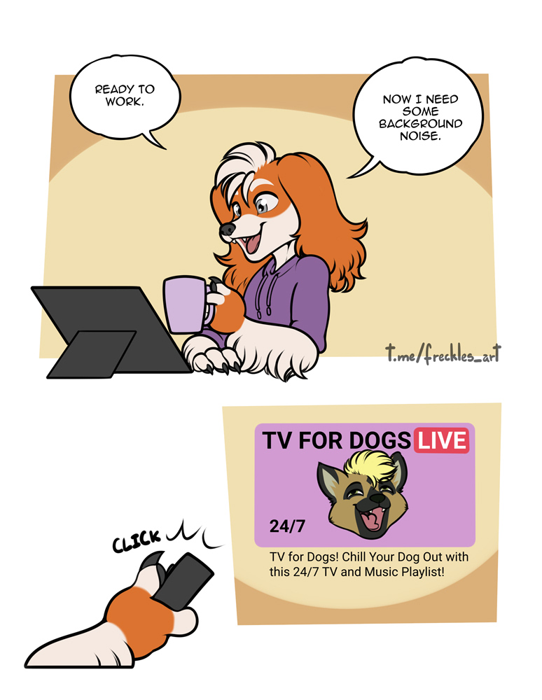 2_panel_comic anthro blonde_hair brown_body brown_fur canid canine canis clothing coffee_mug dialogue domestic_dog drawing_tablet english_text fangs floppy_ears freckles_(artist) fur hair half-closed_eyes hoodie humor male mammal multicolored_body multicolored_fur narrowed_eyes open_mouth open_smile orange_body orange_fur pecas_(freckles) smile solo sound_effects speech_bubble tablet teeth text topwear tv_remote two_tone_body two_tone_fur white_body white_fur white_hair wide_eyed